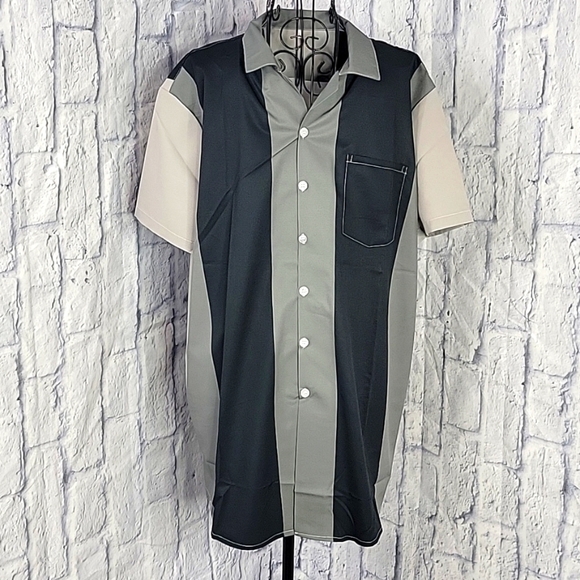 Black, Gray,‎ and Green Striped Men's BOWLING Shirt Large - Picture 1 of 5